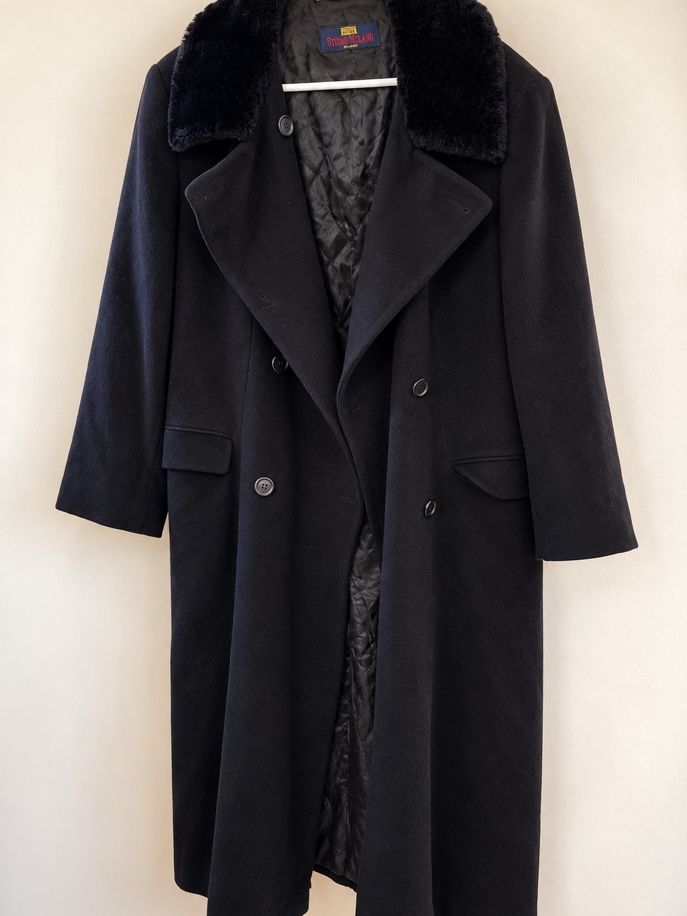 Studio Milano Made in Italy 100% Cashmere Black Wool Coat Faux Fur Collar Size10